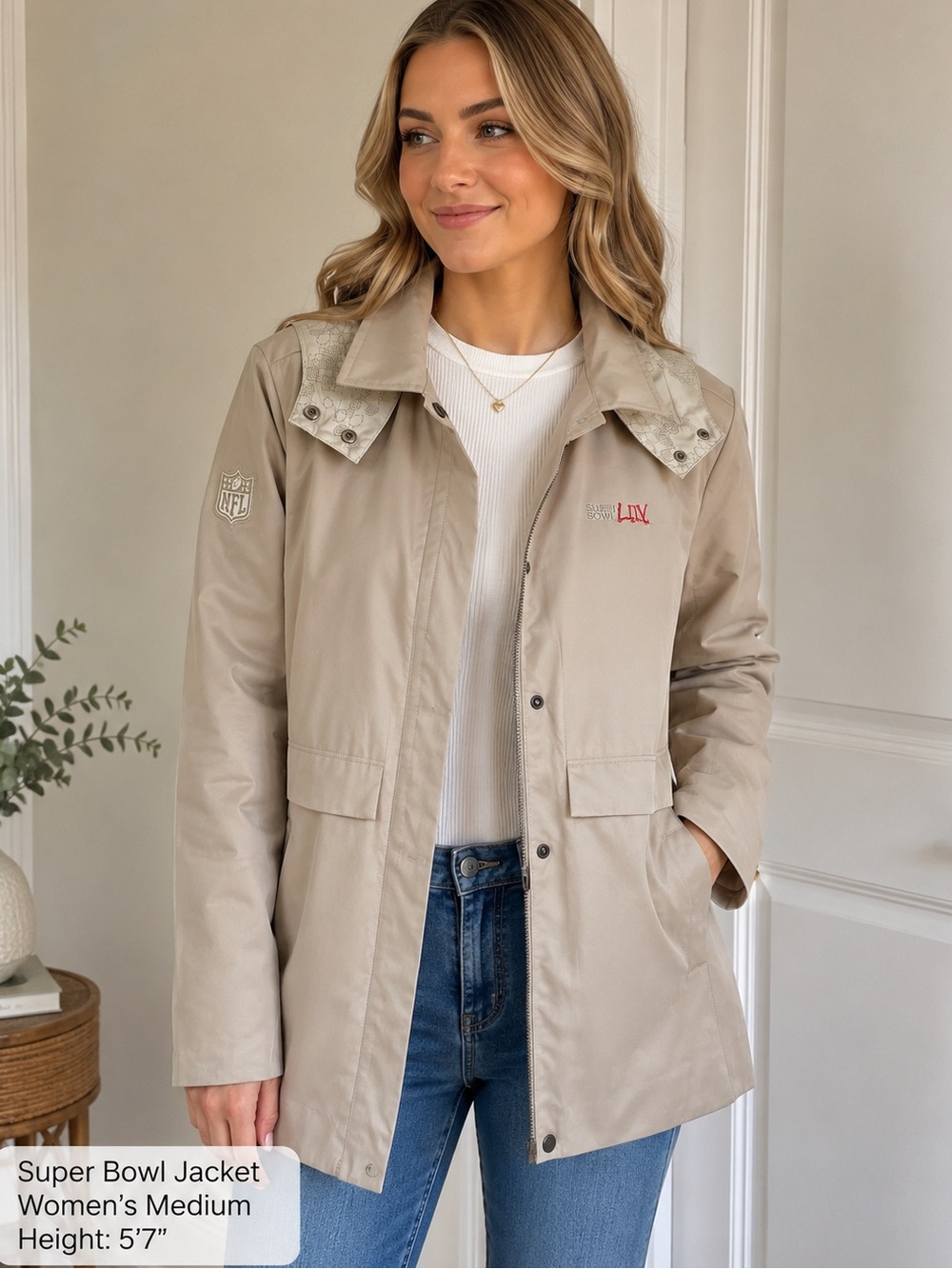 RARE NFL Issued Super Bowl LIX Staff Jacket Beige Rain Shell Women's M